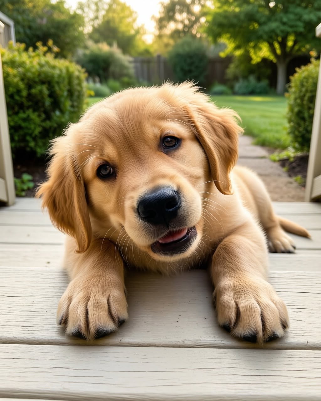A golden puppy tilts its head on a sunny porch.